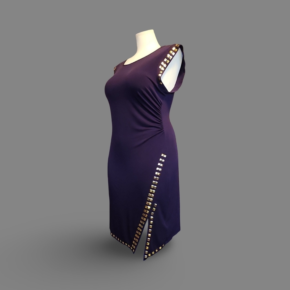 Shelby & Palmer Studded Purple&Gold Scoop Neck Sheath Dress XL Sleeveless Knit ❥ - Picture 2 of 9